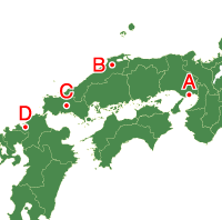 A：京都、B：姫路、C：山口、D：博多